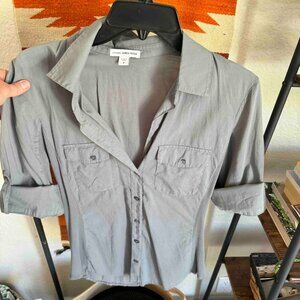 JAMES PERSE 3/4 Sleeve Button-Down Shirt, Light Gray, Sz 3